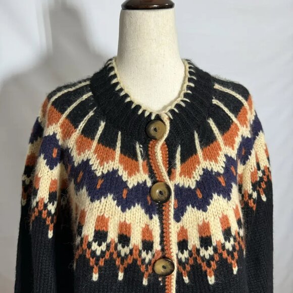Dôen hue cardigan size medium! Black/orange/cream Fair Isle - Picture 4 of 8